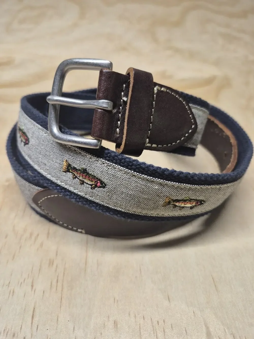 J.Crew Men’s 38 Fish Trout Embroidered Canvas & Leather Belt Navy/Brown Silver